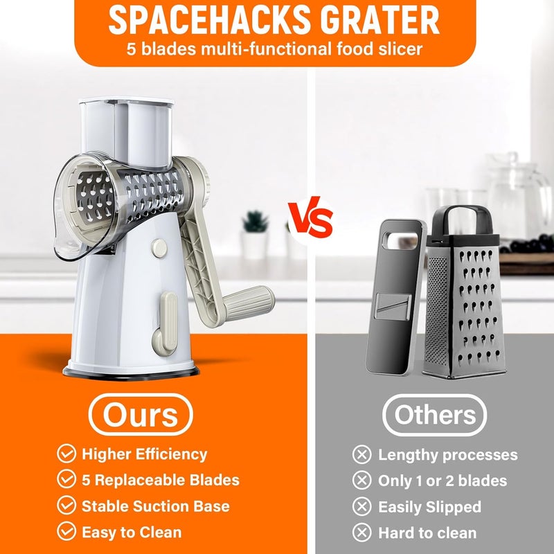 SpaceHacks Rotary Cheese Grater Hand Crank with 5 Interchangeable Blades, Vegetable Slicer Chopper for Fruit Vegetable Nuts, Mandoline Slicer for Kitchen with Blades Rack & Suction Base, White - Image 4